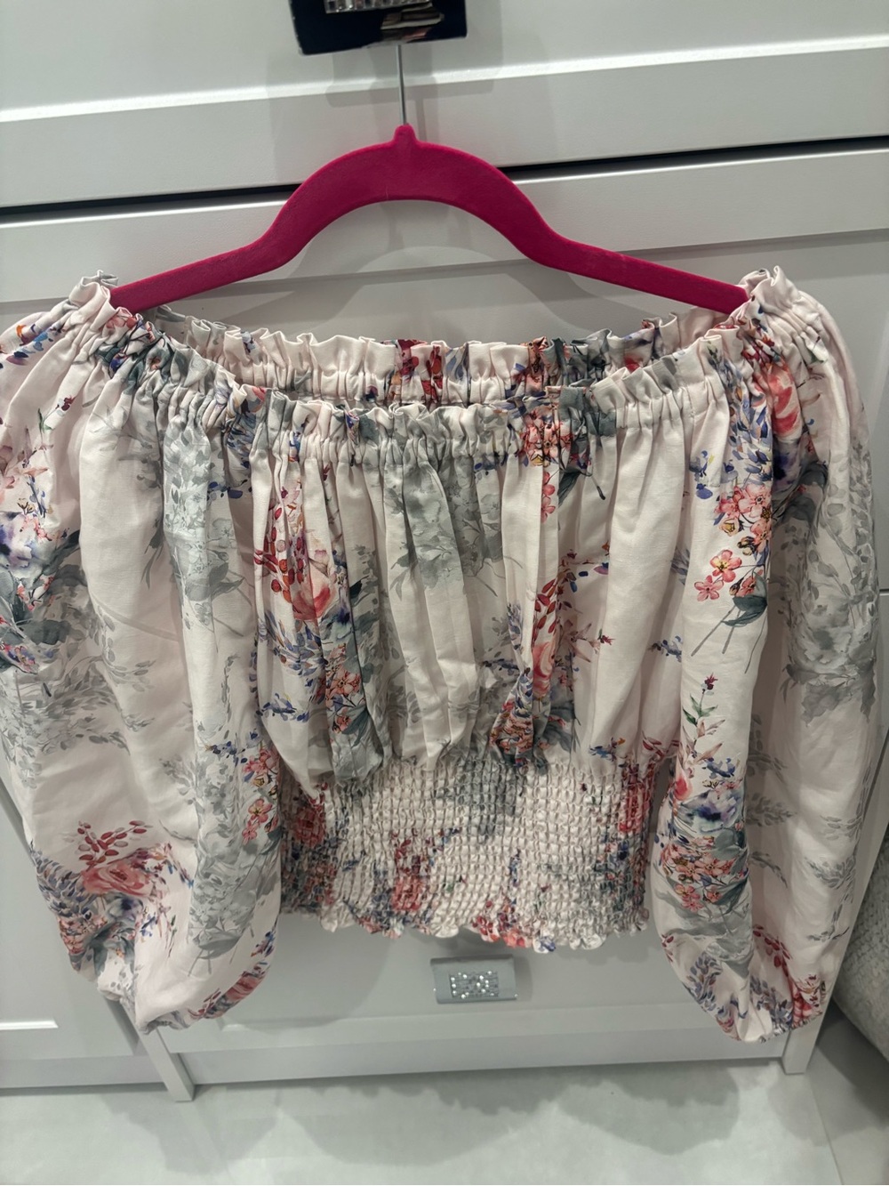 Kobi Halperin Floral Off-the-Shoulder Smocked Crop Top - Blush